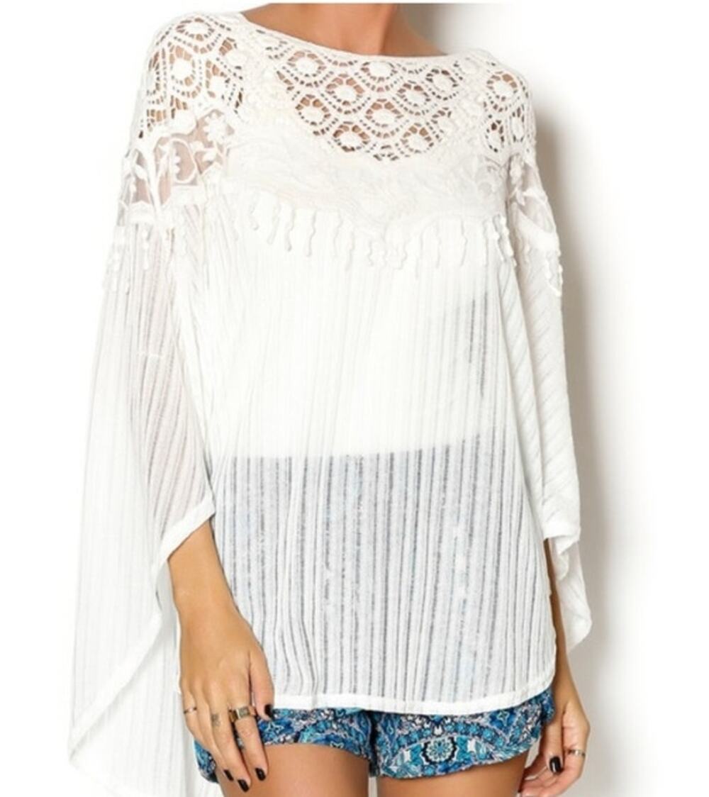 Poncho Top Womens S Ivory Crochet Sheer Knit Lace Boho Round Neck Cottage